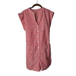 Shein Romper Size M Semi Sheer Button Front 3 Pockets Striped Red White Viscose